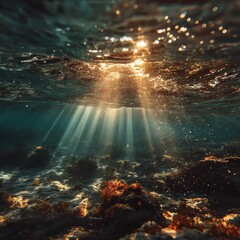 Obraz premium Stunning underwater view with sunlight penetrating dark ocean depths illuminating coral reef formations and sandy seabed