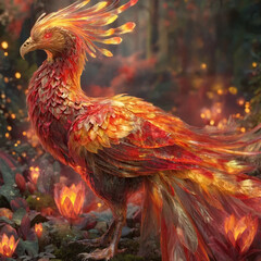 Fototapeta premium Majestic Fire Phoenix in a Fantasy Forest