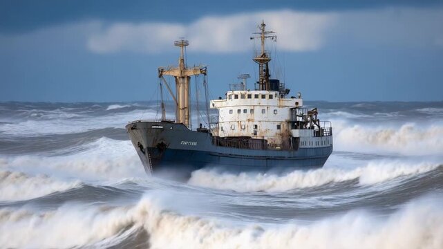 A rustic cargo ship transports saltpeter through choppy seas under a dramatic cloudy sky.