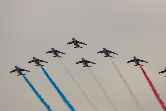 Bucharest, Romania - August 29 2025:  Patrouille de France flying in formation during the Bucharest Airshow of 2025.