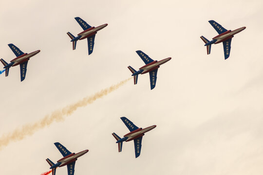Bucharest, Romania - August 29 2025:  Patrouille de France flying in formation during the Bucharest Airshow of 2025.