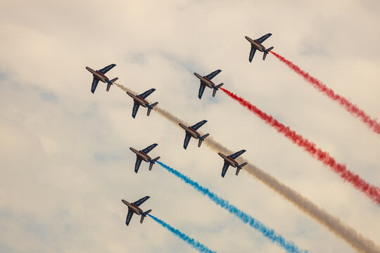 Bucharest, Romania - August 29 2025:  Patrouille de France flying in formation during the Bucharest Airshow of 2025.