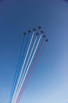 Bucharest, Romania - August 29 2025:  Patrouille de France flying in formation during the Bucharest Airshow of 2025.