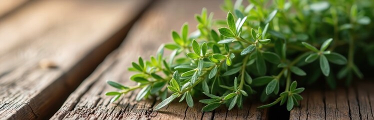 Obraz premium Bundle of wild green thyme sprigs rests on weathered brown wooden planks. Tiny leaves create textured foliage on this natural herb, perfect for culinary, medicinal, or aromatherapy themes.