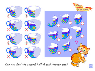 Can you find the second half of each broken cup? Search and find game. Logic puzzle for children and adults. Develop spatial thinking. Printable page for brain teaser book. Flat vector illustration.