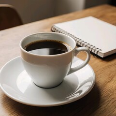 Obraz premium Title: White cup filled with black coffee on saucer with spiral notebook on wooden table