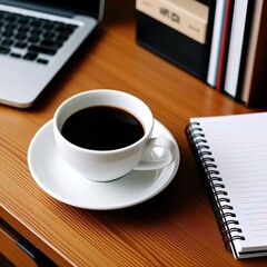 Title:
White cup of black coffee on saucer with spiral notebook, laptop, and book on wooden table