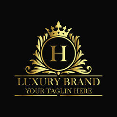 Luxury brand logo H design with golden crown and elegant royal monogram template for premium identity