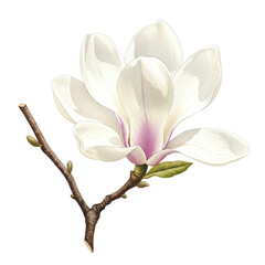 White Magnolia Blossom with Delicate Pink Hues on a Dark Background Detailed Botanical Illustration of a Single Magnolia Flower with Branch and Buds