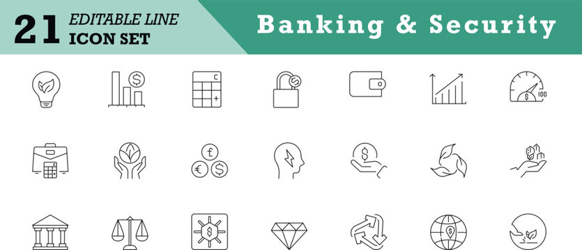 Trendy Clean Line Art Banking, Customer Support, and Payment Icon Bundle with bank lock security wallet vold care diamond assets hand care investment  exchange icon set pack for Creators (0709252)