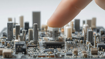 Smart City Concept with Finger Touching Digital Buildings