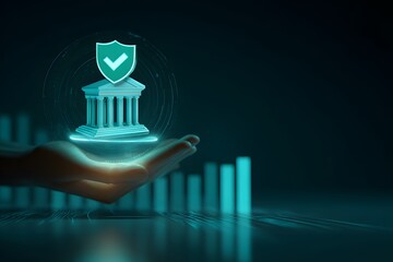 Hand holding glowing digital bank with shield and financial graph representing security and growth.