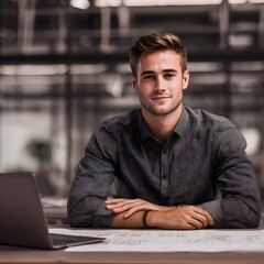 Focused Architect in Modern Office Reviewing Plans Confident and Composed.