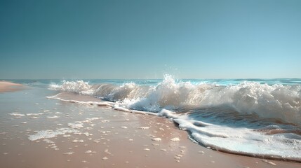 Serene Ocean Wave Crashing on Sandy Beach Under a Clear Blue Sky.