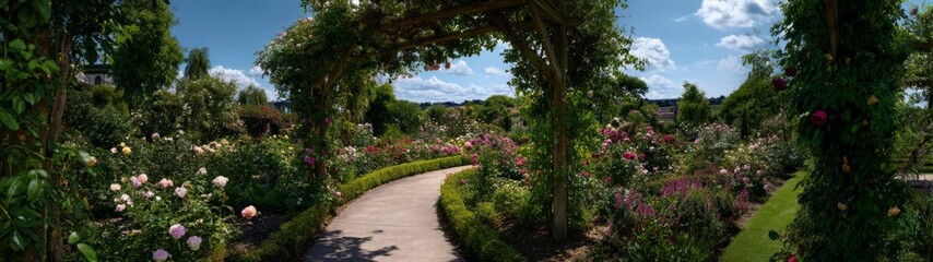 Strolling through a lush rose garden botanical park panoramic view relaxing atmosphere nature's beauty