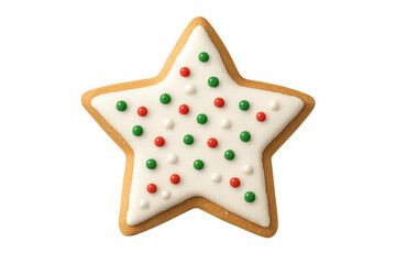 Star shaped christmas cookie decorated with red and green sprinkles on transparent background