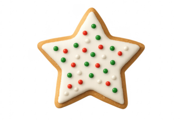 Star shaped christmas cookie decorated with red and green sprinkles on transparent background