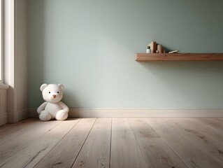 Serene Nursery Corner with Fluffy White Teddy Bear and Minimalist Wooden Shelf.