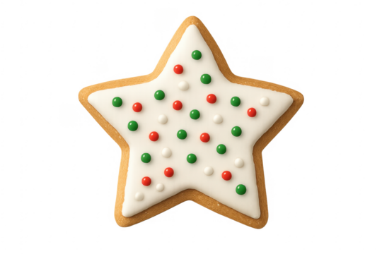 Star shaped christmas cookie decorated with red and green sprinkles on transparent background - Powered by Adobe