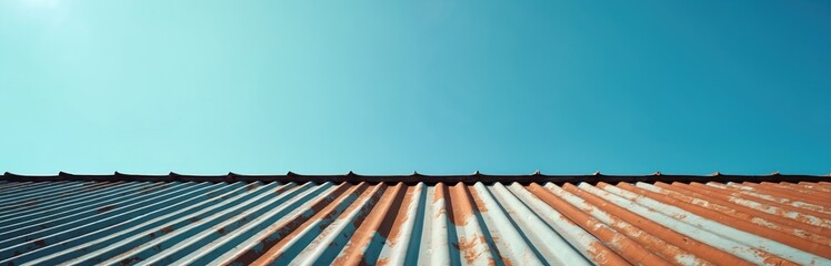 Weathered galvanized steel roof plate under clear blue sky. Vintage, old building material shows signs of rust and wear. Sunny day highlights the corrugated texture of the roofing sheets.