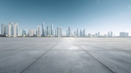 Empty Urban Plaza Leading to a Modern Skyscraper Cityscape Under a Serene Blue Sky.