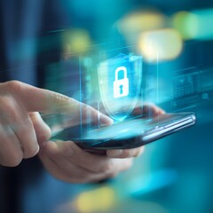 Hand Interacting with Holographic Security Shield on Smartphone.
