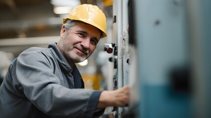 Smiling Factory Worker in Yellow Hardhat Inspecting Industrial Equipment Panel.