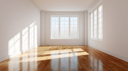 Sun-Drenched Empty Room with Gleaming Hardwood Floors and Large Windows.