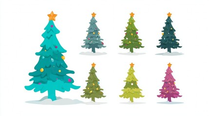 Fototapeta premium Collection of various cartoon Christmas trees with different colors and decorations, isolated.