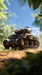 Sherman Tank Rolling Through Jungle Vertical View World War II Era.