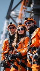 Smiling Team in Bright Orange Safety Gear Helmets and Harnesses Ready for High-Altitude Work or Adventure.