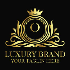 Luxury brand O logo design in golden royal style with elegant crown and premium emblem for businesses