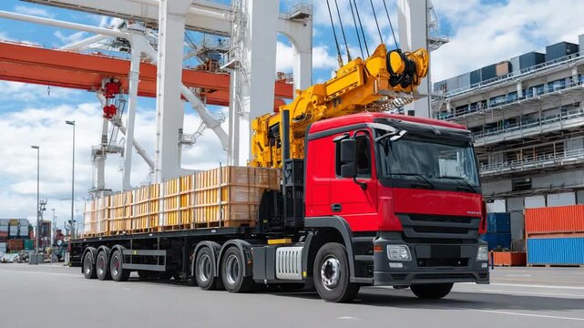 A striking image of a red tractor trailer with open cargo space and a massive crane arm, showcasing the dramatic scale difference between the machinery.