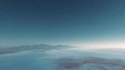 Ethereal Teal Horizon: Calm Water Reflecting Distant Mountains Under Vast Sky.