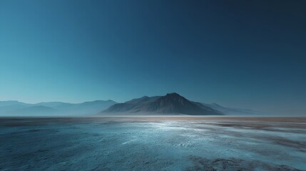 Abstract Digital Landscape: Serene Blue Sky Vast Desolate Terrain and Distant Mountains.