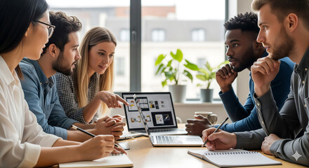 Multicultural business team brainstorming creative ideas for a website project on a laptop in a modern office