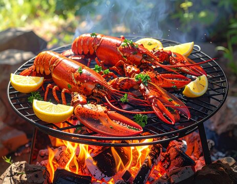 Grilled lobsters on a barbecue

