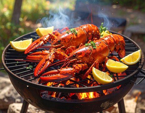 Grilled lobsters on a barbecue
