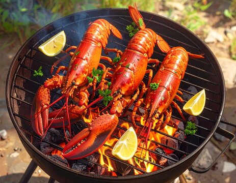 Grilled lobsters on a barbecue
