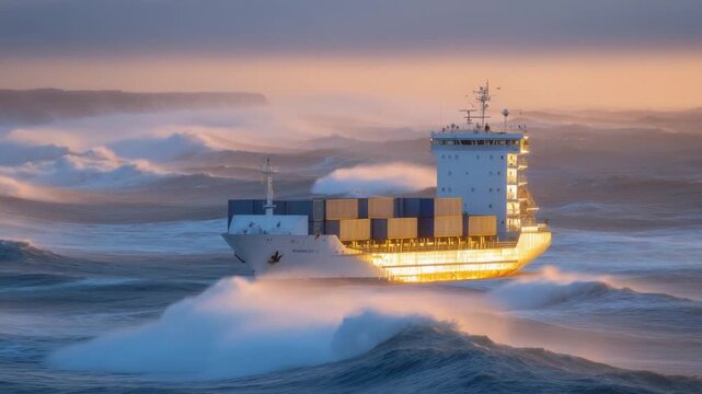 A mid-ocean cargo ship carries fine white saltpeter with covered storage units, enveloped in sea mist under golden sunlight.