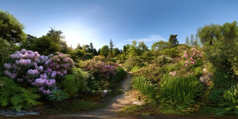 Scenic garden pathway with vibrant flowers nature retreat 360-degree view peaceful environment outdoor concept