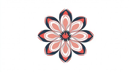 Obraz premium A stylized graphic illustration of an eight-petal flower in shades of pink, white, and dark blue on a white background, symmetrical and decorative.