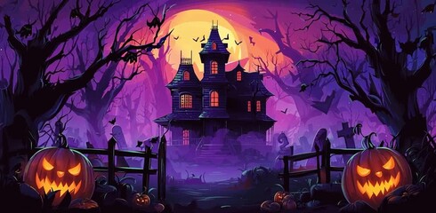 halloween themed cartoon background with pumpkins, creepy ghosts, and witches, in the style of dark pink and orange
