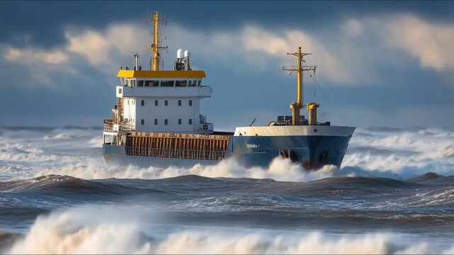 A rustic cargo ship transports saltpeter through choppy seas under a dramatic cloudy sky.