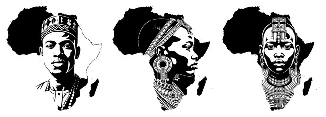 African continent shape with tribal portraits vector illustration © Camel