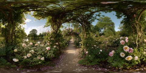 Exploring a serene garden pathway with blooming flowers in summer nature photography peaceful setting