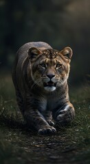 Obraz premium Lioness Approaching in Dark Forest