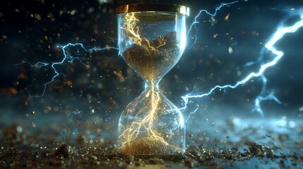 Hourglass time lightning storm concept powerful energy flow sand timer countdown