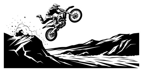 Motocross rider jumping over rocky mountain landscape © Camel