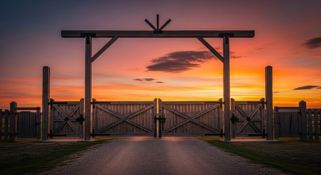 Large ranch gate made of wood standing at the end of a gravel road under a vibrant sunset sky. Rural property entrance with fence for security concept.